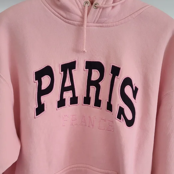 Paris France Pink Hoodie Medium 20" PTP Embroidery Front Comfy Vintage - Picture 1 of 13